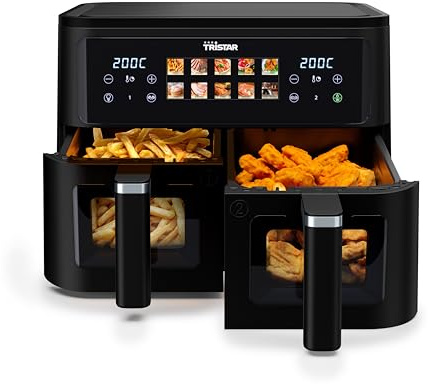 Tristar Luftfritös med dubbla korgar, 9 L totalt innehåll, 2500 W, 10 program, digital kontrollpanel, visningsfönster, PFAS-fri, justerbar timer och temperatur, FR-9075