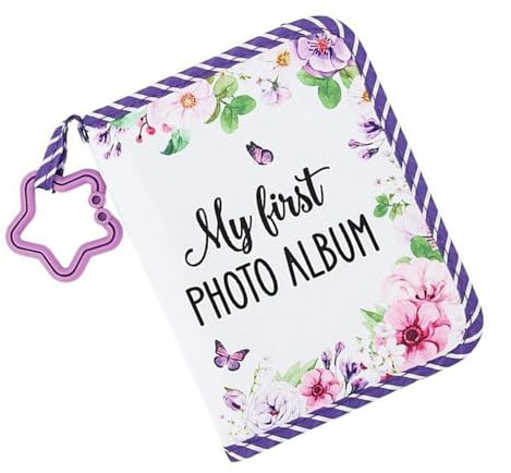 JAMNGHB Primer álbum de fotos con estampado floral para bebés, con anillos mordedores de estrella y cubierta de tela, 17 ranuras, primer álbum para bebés
