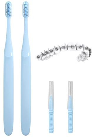 JHAZUN Juego De Cepillos De Dientes Ortodónticos En Forma De V De 4 Piezas (2 Cepillo Ortodoncia + 2 Cepillos Interdentales), Cepillo Para Dientes Postizos (Azul)