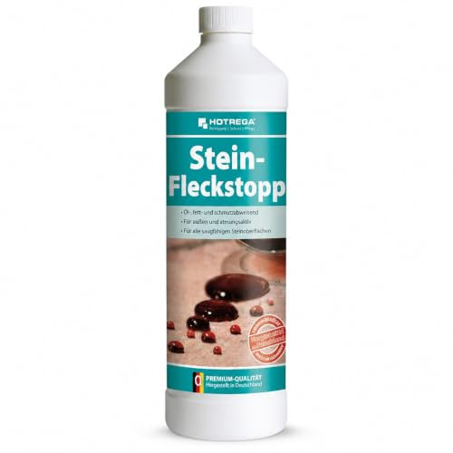 HOTREGA Stein-Fleckstopp 1 L | Steinimprägnierung für Natur- & Kunststein | Schutz vor Öl, Schmutz + Verwitterung | Atmungsaktive Profi-Imprägnierung für Terrasse, Bad & Küche | Innen + Außen nutzbar