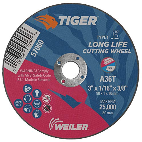 Weiler 57060 3-Inch Cutting Wheel, Tiger AO Steel/Metal Long Life, Performance Cutting, 1/16 A36T Type 1 3/8 Arbor (Pack of 100)