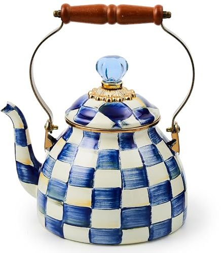 MACKENZIE-CHILDS Enamel Tea Kettle, Stylish Tea Kettle for Stovetop, Blue-and-White Royal Check, 2 Quarts