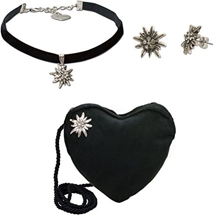 Alpenflüstern Trachtenset Trachten-Samt-Kropfband, Ohrstecker und Herztasche Strass-Edelweiß - Damen-Trachten-Schmuck und Tasche, Trachtenkette, Trachten-Ohrringe und Dirndltasche (schwarz) SET032