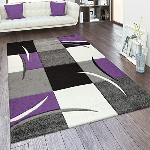 Paco Home Tappeto salotto moderno pelo corto - motivo a quadri e righe 3D, antiscivolo, Dimensione:120x170 cm, Colore:Viola