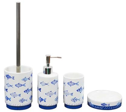 BM 4080 Set di Accessori da Bagno in Ceramica Bianco Blu Decorato Motivo Pesciolini, Set Accessori Bagno Completo 4 Pezzi, Dispenser, Portaspazzolino, Portasaponetta, Portascopino