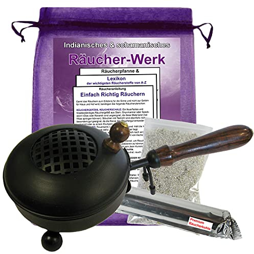RÄUCHERPFANNE WEIHRAUCHBRENNER 12cm Ø Holzgriff 7-TLG Set zum RÄUCHERN für Räucherwerk. Räuchergefäß, Räucherschale, Räucherstövchen & Räucherstäbchenhalter in EINEM mit ZUBEHÖR. 3164S-1