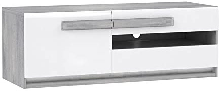 Meuble TV 160 cm x 40 cm x 52 cm Blanc Brillant et décor Bois Gris - 1 Placard et 2 tiroirs - Moderne et épuré - ALEXIANE