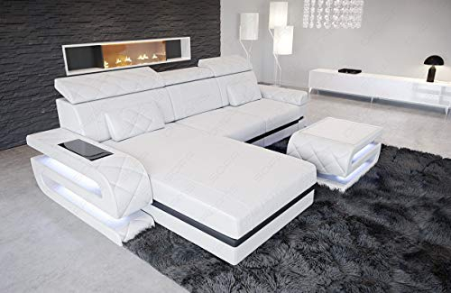 Sofa Bologna als Ecksofa in der L-Form Ledersofa mit USB-Anschluss Stauraum Beleuchtung Kopfstützen Designersofa Couch (Ottomane Links (auf Sofa blickend), Weiß-Schwarz)