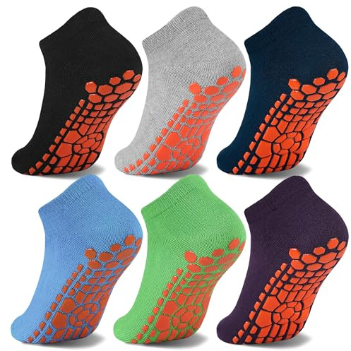 HYCLES Kids Non-Silp Ankle Socks with Girp- 6 Pairs Trampoline Unisex Toddler Socks Anti-Skid Socks for Children 10-13 Years