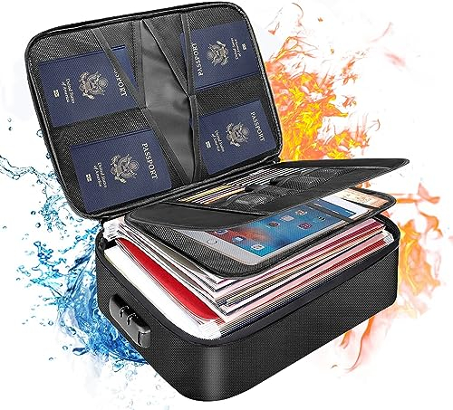 Fireproof Document Box 36x27x10cm 3-Layer Document Safe Bag File Storage Box with Lock Waterproof Ziper Portable Organizer Bag for Important Document Certificates,Passport,Cards,Office,Home,Travel