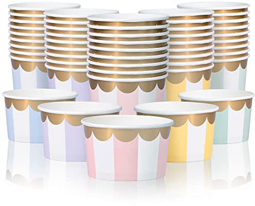 MATICAN Paper Ice Cream Cups - 50-Count 5.5-Oz Disposable Dessert Bowls with Scalloped Gold Foil