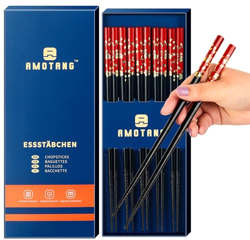 Amotang Holz Kirschblüten Essstächen -5er Set - Japanische Stäbchen mit Rutschfestem Design und Spülmaschinenfest, Ideal für Sushi, Nudeln und mehr, schwarze Essstäbchen mit Inklusive Geschenkbox