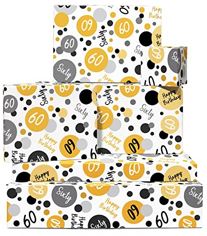 Schwarz-Gold-Graues Geschenkpapier für Damen und Herren - 6 Bögen - 60. Geburtstag - Von Central 23