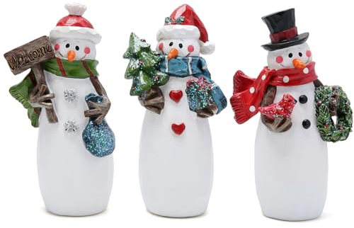 Hodao Christmas Snowman Figurines Set of 3 - Hand-Painted Resin Snowmen with Christmas Tree, Gift Box, Wreath & Welcome Sign - Winter Decor & Gift for Tiered Tray, Mantel, Tabletop, Windowsill