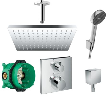 Hansgrohe Duschsystem mit Unterputz Duscharmatur von Hansgrohe Regendusche mit Armatur, Duschkopf eckig, Deckenarm Dusch-SET HGK04 poliert