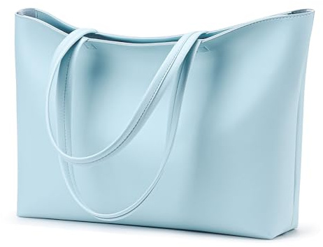 Kalidi Handväska för damer, stor shoppingväska i PU-läder, vattentät tygväska med handtag och dragkedja, perfekt för arbete, resor, shopping och skola, blå, 43 x 27 x 8,4 cm