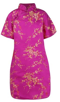 YCBMINGCAN Pour les tout-petits, les jeunes enfants, les grands enfants, à manches courtes, col montant, boucle dorée, cheongsam chinois, robe du Nouvel An, robes de vacances à carreaux (2-Rose vif, 4