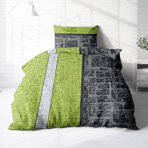 Bettwäsche aus 100% Baumwolle 2tlg. 155x220 + 80x80 cm Streifen grün grau | Renforcé Bettwäsche mit Reißverschluss, leicht, atmungsaktiv, bügelfrei, ideal für Frühling und Sommer, OEKO-Tex zertifiziert