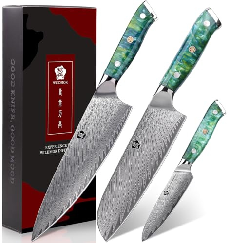 WILDMOK Professionelles Küchenmesser-Set, 3-teilig, Kochmesser-Set aus Damaststahl, 3-teilig, ultrascharfe japanische Küchenmesser, ergonomischer Harzgriff, Geschenkbox für Zuhause oder Restaurant