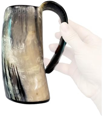 Trinkbecher aus Horn – echter Wikingerhornbecher, Trinkhorn im mittelalterlichen Stil | Handgefertigtes Horngefäß, + HornWhiskeybecher mit Henkel, perfekt für Bier, Wein, Ale, Met, Heimdekoration