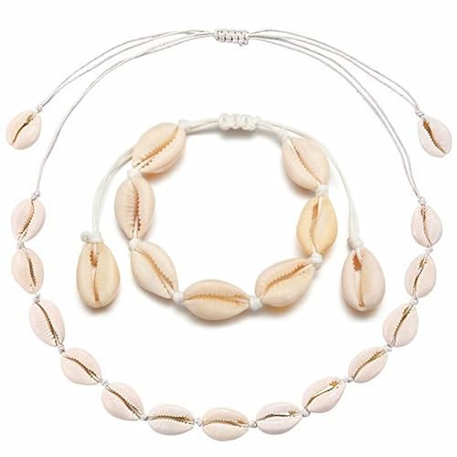 Bkemkri Muschel Halskette Armband Set, Natural Shell Choker Muschelkette Muschelarmband, Natürliche Muschel Perlen Armband Muschelketten Schmuck für Damen und Mädchen Muschel Fußkettchen