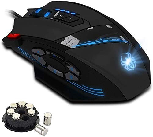 zelotes Ratón Gaming con Cable,12 Botones Programables,4 Niveles 4800DPI,Ratón para Gaming con 8 Bloques de Peso,Iluminación RGB,Mouse Ergonómico para PC,portátil