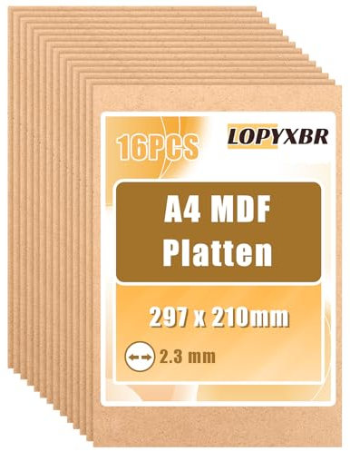 LOPYXBR 16 pannelli in legno MDF A4 per fai da te, 297 x 210 x 2,3 mm, pannelli in legno per incisione laser, pittura, modellazione, pirografia