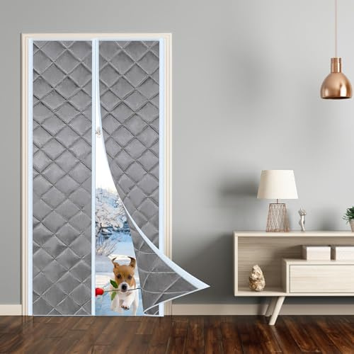Isolation Porte Avec Magnétique, 90x215cm Moustiquaire Rideau De Porte Isolant Coton Rideau d'occultation Coupe-vent Imperméable Isolation Phonique(Gris)