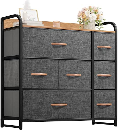 YITAHOME Kommode,Kommode mit 7 Schubladen,Schrank,Stoffschubladen mit Griffen,Metallgestell,Dauerhaft,Dunkelgrau