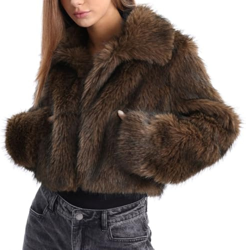 Amazhiyu Women's Faux Fur Cropped Coat Winter Open-front Long Sleeve Jackets Warm Coffee, Medium