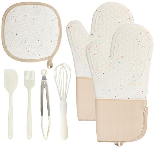 TOKSEO Silikon Ofenhandschuhe Topflappen 7er Set, Topfhandschuhe Hitzebestaendig, Anti Rutsch Backhandschuhe mit Schneebesen, Schaber, Ölpinsel, Lebensmittelzange für Kochen Backen Grillen