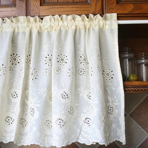 KnSam Skivgardiner ogenomskinligt kök, broderi med blommönster beige skivgardin kök 1 del, med hällor för ficka, bomullsgardin ogenomskinlig utomhus, 48 x 150 cm (H x B):