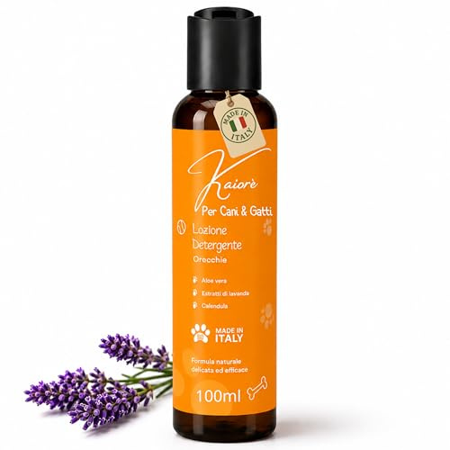 Kaiorè Pulizia Orecchie Cane e Gatto, Rimuove Cerume, Elimina Odori, Previene Infezioni, Ostacola Acari e Batteri, Detergente Auricolare Naturale, con Aloe Vera e Lavanda, 100 ml