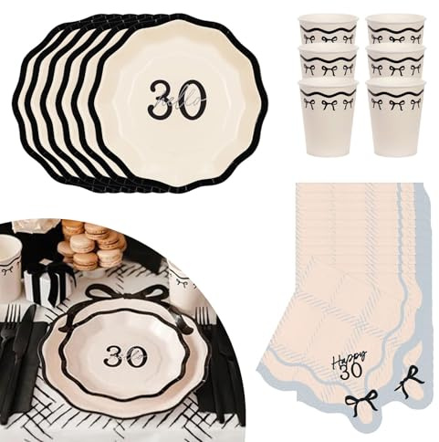 Luck and Luck Hello 30 Party Pack for 6 – 30th Birthday Tableware Set | Black Bow Design Plates, Napkins & Cups