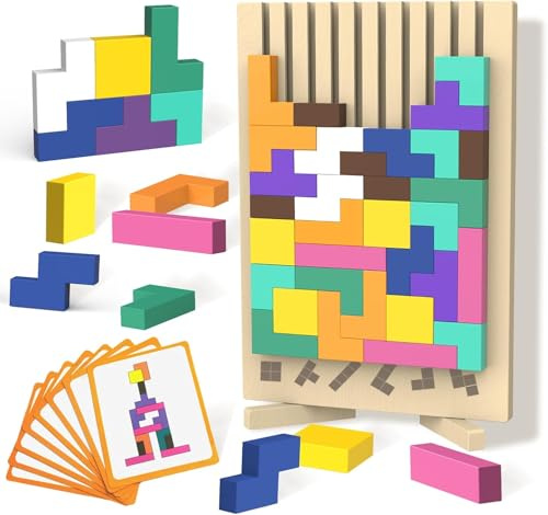 Wood Stacking Puzzle Toy, 3D Puzzle Montessori Wooden Stacki Toy with 10 Cards, Educational Gift for Boys and Girls Board Game for Kids & Adults Blocks Teasers for Toddlers 3 4 5 6 7 8