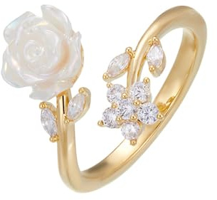 IMINI White Camellia Flower Adjustable Open Ring for Women - Gold Plated Rose Floral Wrap Finger Band with CZ Crystals & Shell Pearl, Wedding Birthday & Party Jeweller Gift