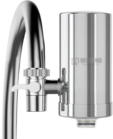 WISONU Wasserfilter Wasserhahn,Trinkwasserfilter mit 2 Aktivkohlefilter,Edelstahl LeitungswasserfilterTrinkwasserfilter für Entfernt Chlor, Schwermetalle und Schlechten Geschmack