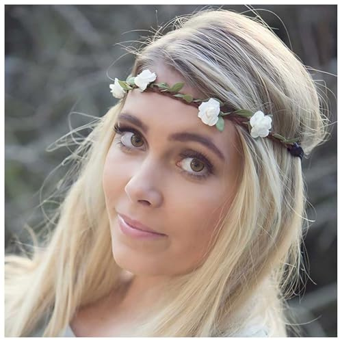 Allereya Bandeau Fleuri blanc Bandeau Couronne De Fleurs Serre-tête Floral Serre-tête Couronne De Roses Artificielles bande de cheveux Élastique Ajustable Pour Cheveux Accessoires De Mariage