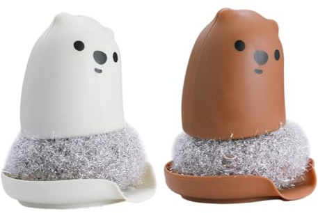 ARTSEWPLY 2pcs Practical Kitchen Cleaning Brushes with Cartoon Little Bear Shape, Made of Sturdy Pp and Acrylic Nano Material, for Removing Residue from Pots and Pans