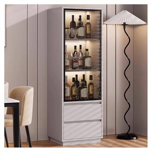 Wine Bar Rack Drinks Cabinet, Beige/Grey Coffee Bar Cabinet with glass door and 2 Drawers, Modern Wooden Buffet Sideboards for Living Room Kitchen Dining Room