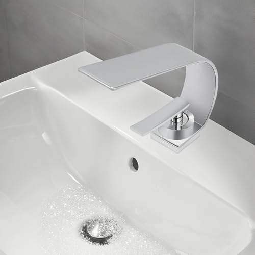 Wasserhahn Bad Wasserfall Waschtischarmatur, Modern Edelstahl Armatur Badezimmer Waschbeckenarmatur mit Einhebel-Mischbatterie Waschbecken Armaturen für Kaltes und Warmes Wasser (Silber)