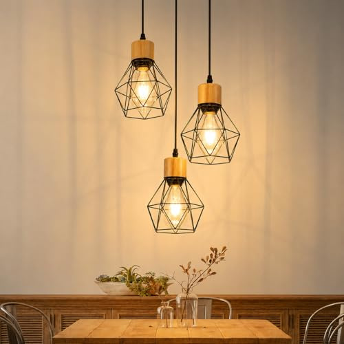 ZMH Pendelleuchte Esstisch Hängelampe Vintage - 3 Flammig Hängend Holz | Esszimmerlampe E27 Retro Küchenlampe Schwarz Rund Industrial Hängeleuchte für Esszimmer Wohnzimmer Küche (ohne Leuchtmittel)