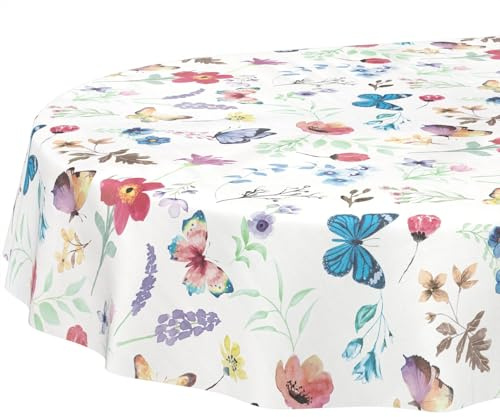 Wachstuchtischdecke Tischdecke abwaschbar Wachstischdecke pflegeleicht wasserabweisend Lotuseffekt Gartentischdecke Schmetterlinge Oval 160 x 140 cm Schnittkante