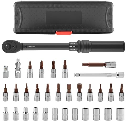 Homvvi Llave dinamométrica de 1/4 pulgadas, llave dinamométrica para bicicleta, 33 piezas, 2-24 Nm Torque Wrench con extensión, juego de llaves de vaso, incluye adaptador de 1/4-3/8, hexágono