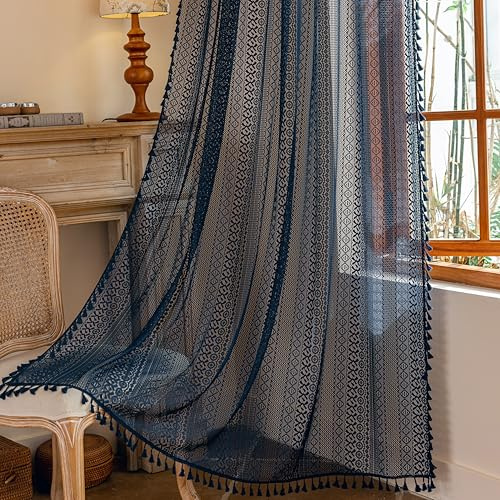 Sutuo Home Sheer Boho Curtains for Dining Room Bedroom, Window Lace Curtains Bohemian Crochet Shabby Chic Tassels French Country Long Strips Vintage Decor, Rod Pocket 1 Panel 59 W x 96 L, Navy Blue