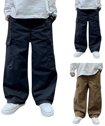 Teen Boys Baggy Cargo Pants Kids Lightweight Straight Wide Leg Sweatpants Youth Hiking Trousers Trendy Casual Bottoms (Black, 15-16 Years)