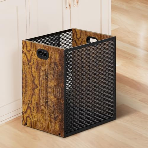 Tutamaz Corbeille à papier de bureau 16,8 l - Combinaison de fer et de bois - Poubelle rectangulaire de style industriel - Panier de rangement avec poignées - 28 x 20 x 30 cm