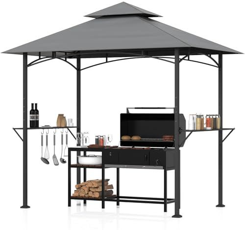 Huracan Grillpavillon mit Doppeldach, Wetterfest Gartenpavillon Grillüberdachung, Gartenlaube mit Seitenregalen und Haken, UV-Schutz Belüftetes Dach, Grillunterstand BBQ Pavillon Party, 244x151x260cm