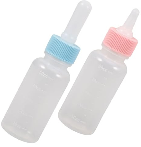 Beavorty 2 Biberones para Mascotas Pequeñas 50 Ml, Botella de Leche para Gatitos y Cachorros, Material de Silicona Seguro, Tapa de Leche en Polvo Color Claro y Tapa Azul Ancha, Kit