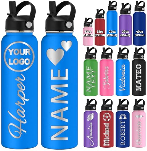 Personalisierte Trinkflasche mit Namen Logo Gravur 350/530/700/950/1150Ml Doppelwandig Isoliert Edelstahl Wasserflaschen mit Strohhalmdeckel Und Tragegriff Geschenk Für Schule Sport Büro